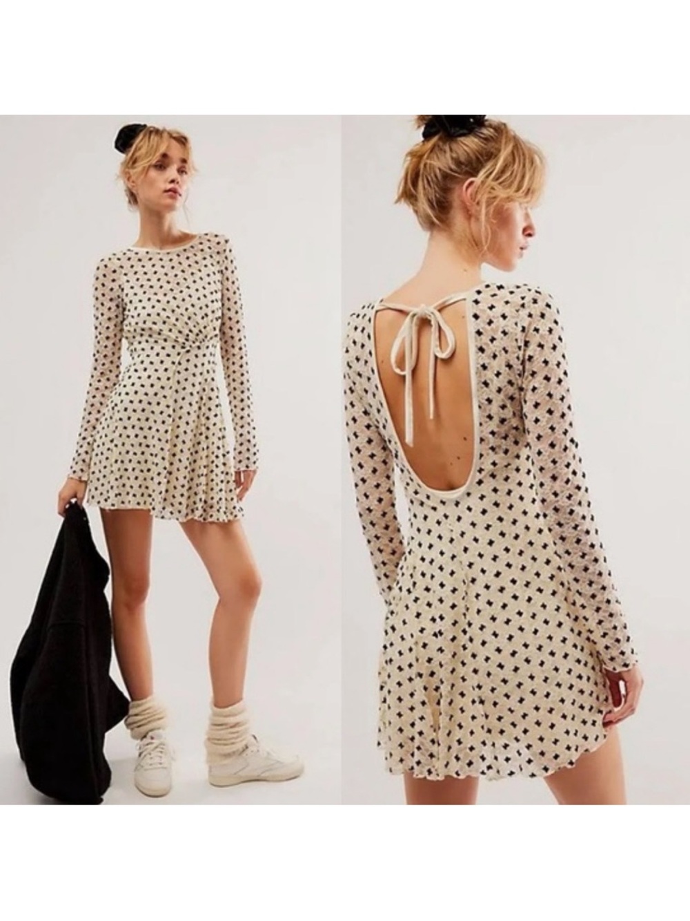 Free People Cream Long-Sleeve Open-Back Mini Dress with Black Dot Print